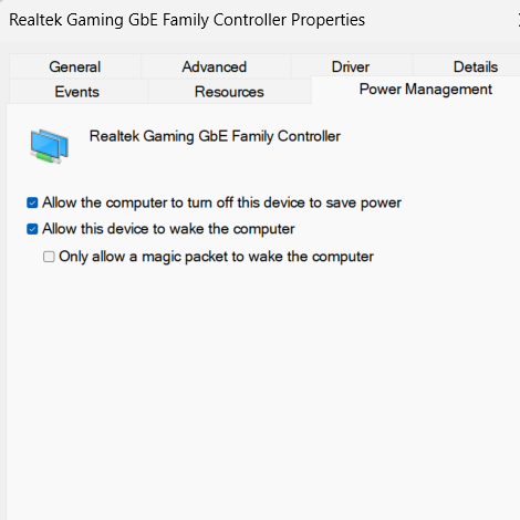 Power Management tab in realtek gaming gbe family controller