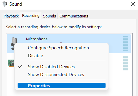 Properties option in recording tab