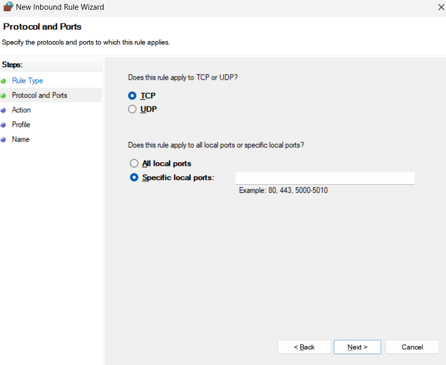 protocols and ports option