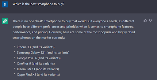 query that asks the bot about the best smartphone to buy
