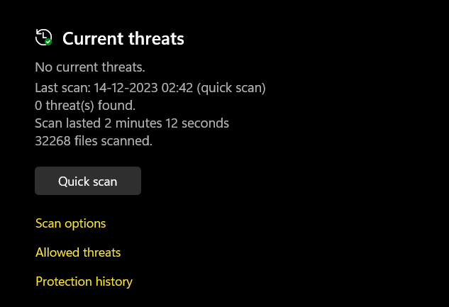 Quick Scan button in current threats