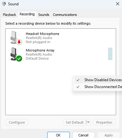 Recording Tab in Sound