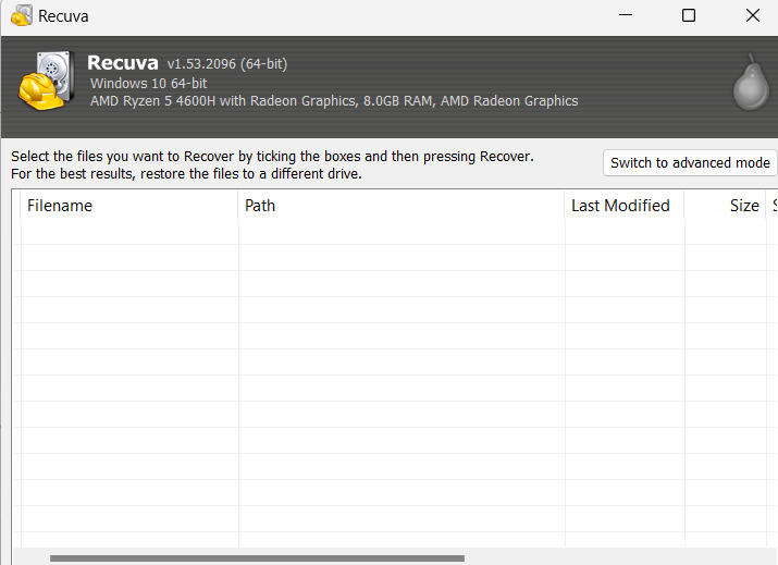 Recuva scan completed