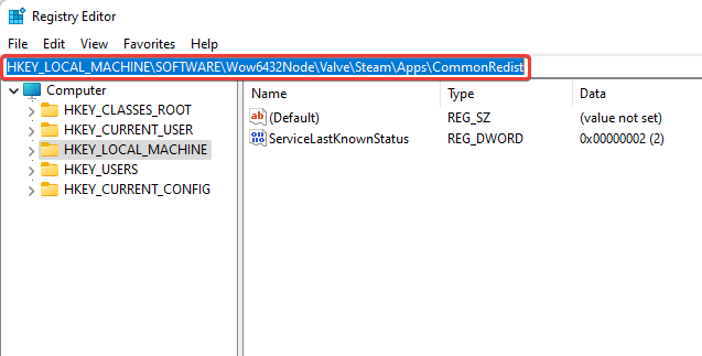 Registry Editor - Steam Apps CommonRedist