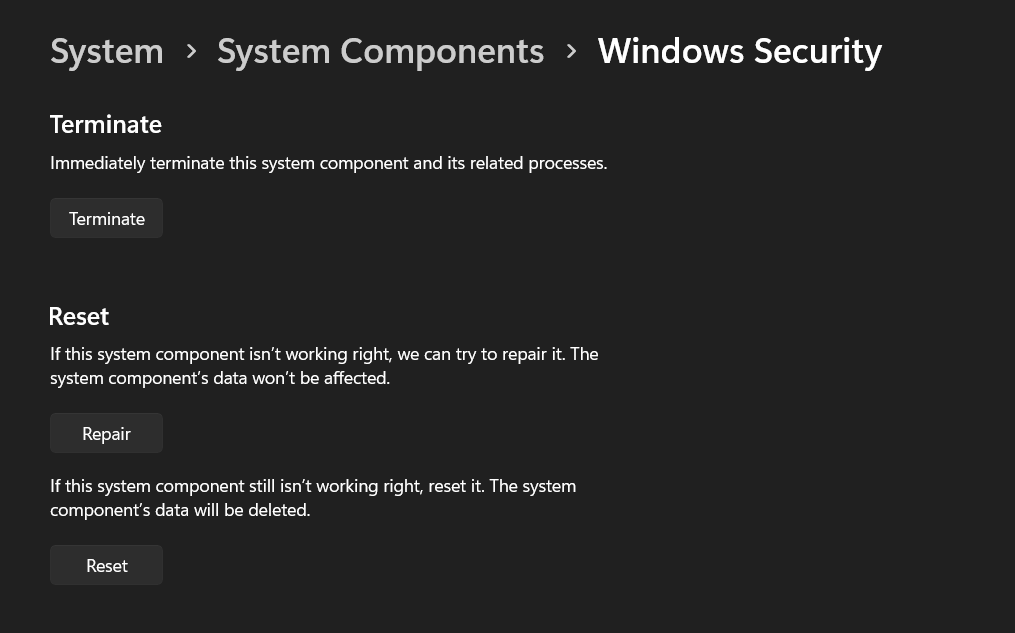 repair button in windows security