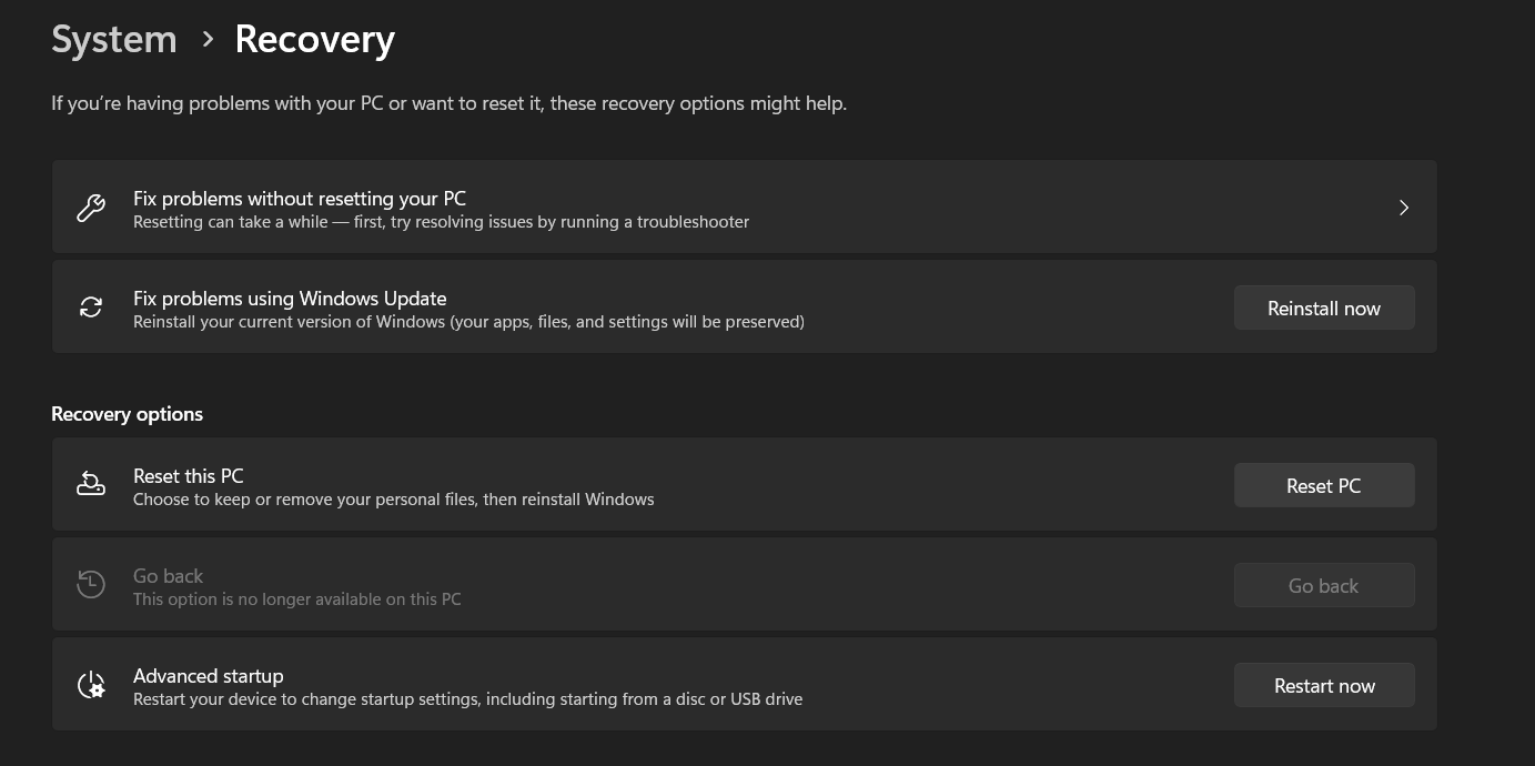 reset option in system recovery