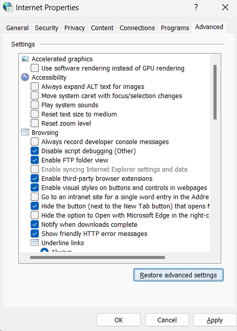 Restore Advanced settings button