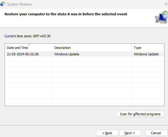 restore point created