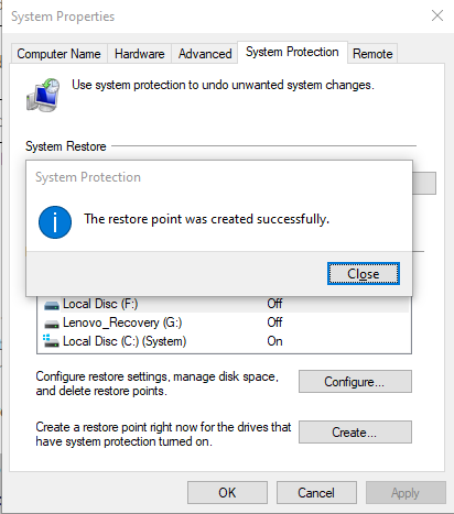 restore point created