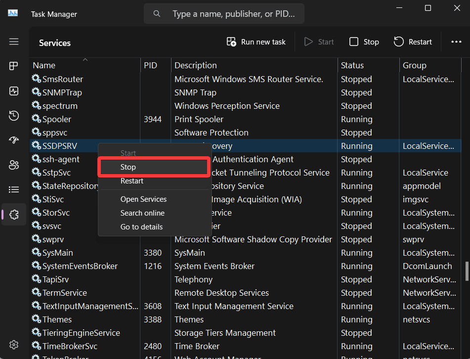 right click on services and clicked on Stop - Service tab