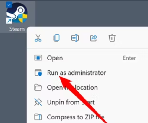right click on Steam icon and click on Run As Administrator