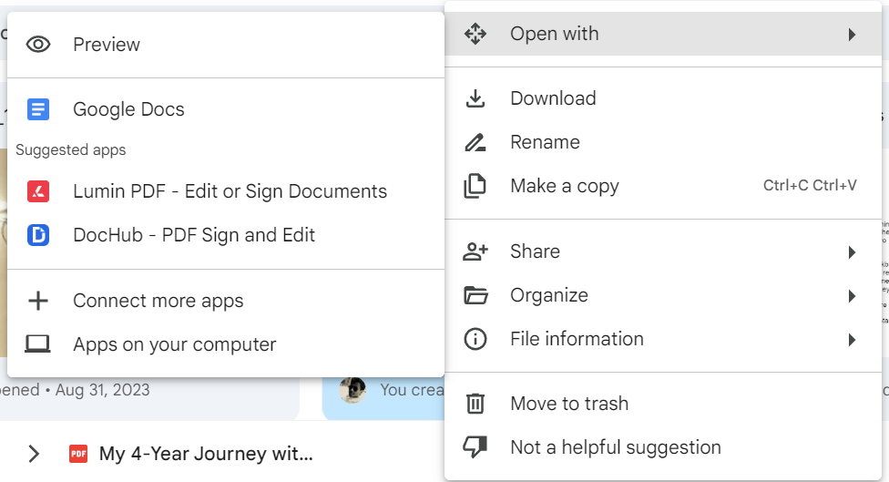 Right-click uploaded PDF and Open with option selected