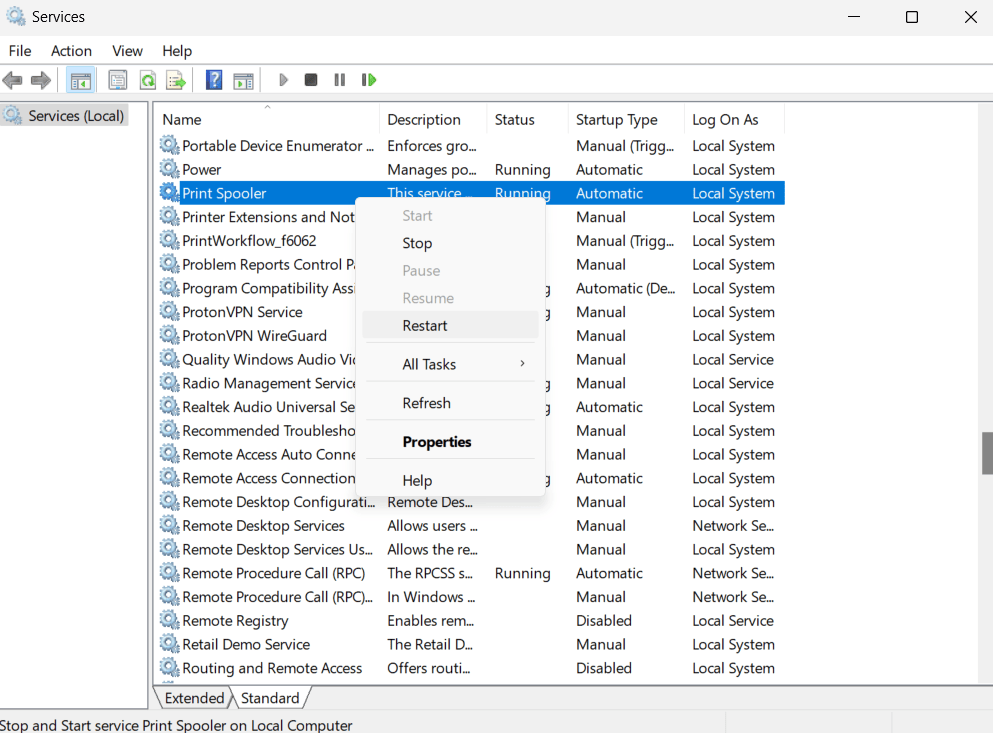 Right Clicked on Print Spooler service to find restart option