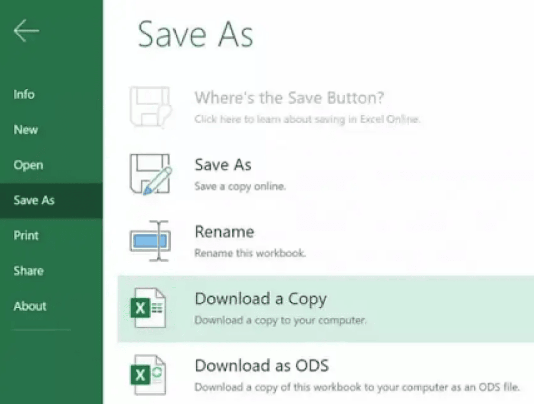 Save as section in online excel