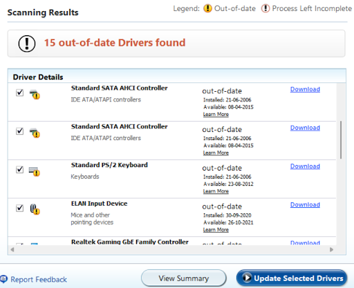 scanning results of outdated drivers