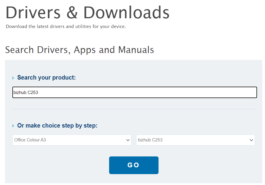 search Bizhub C253 driver at official website of Konica Minolta