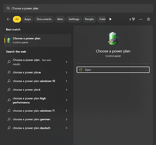 search for Choose a Power Plan on your PC
