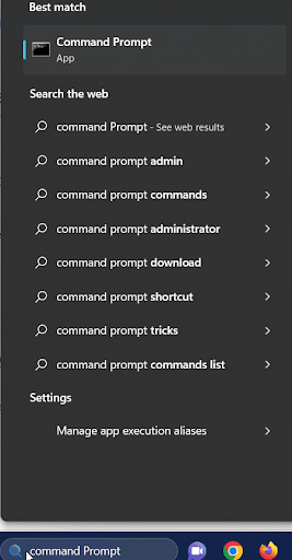 search for command prompt in start menu