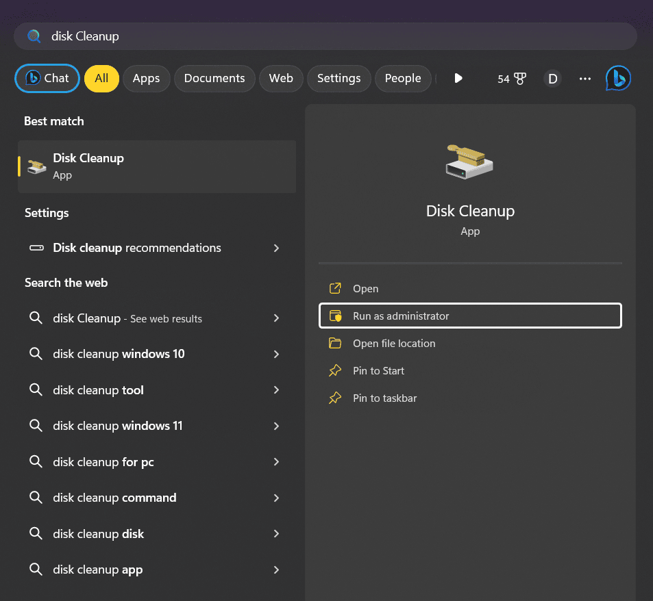 Search for Disk Cleanup in start menu