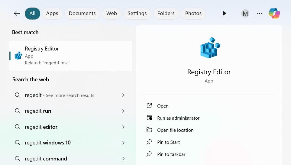 Search for Regedit in start menu