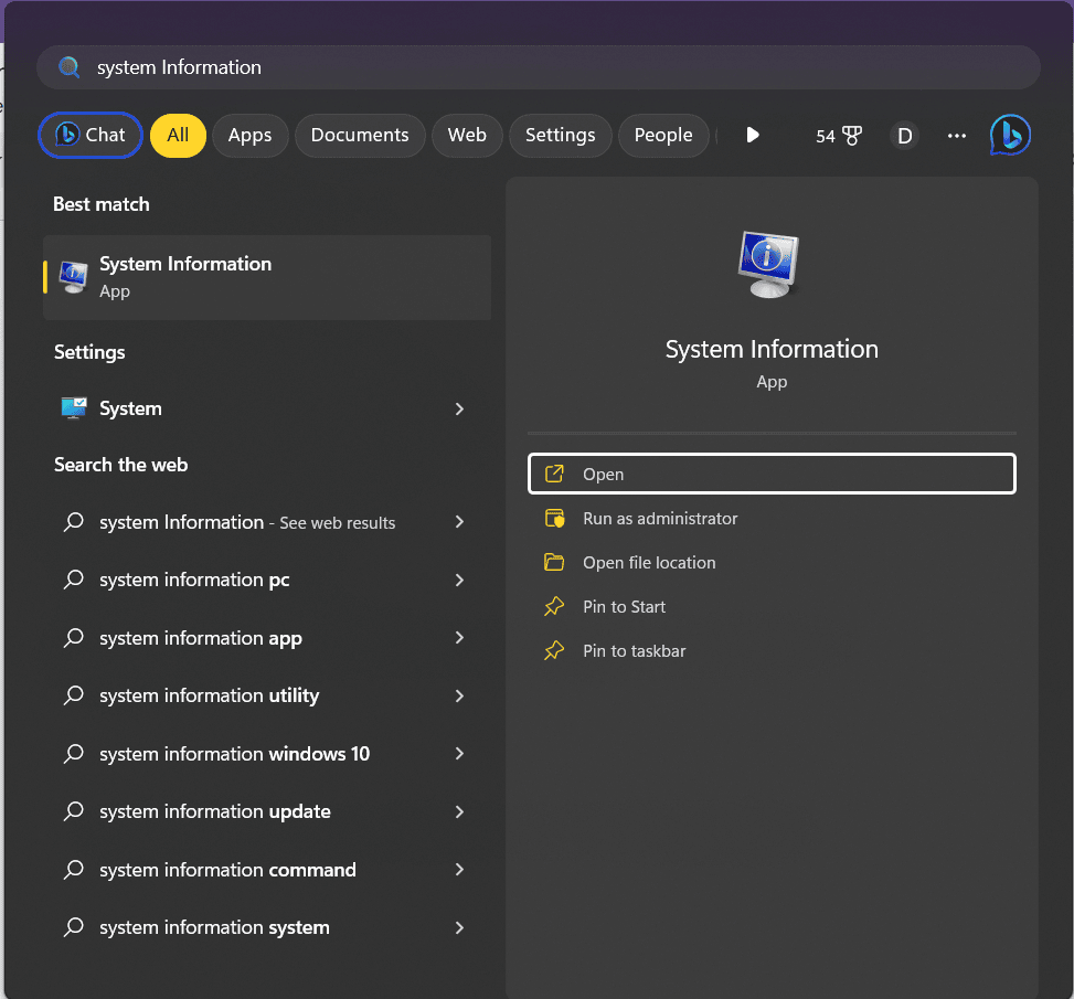search for system information in start menu