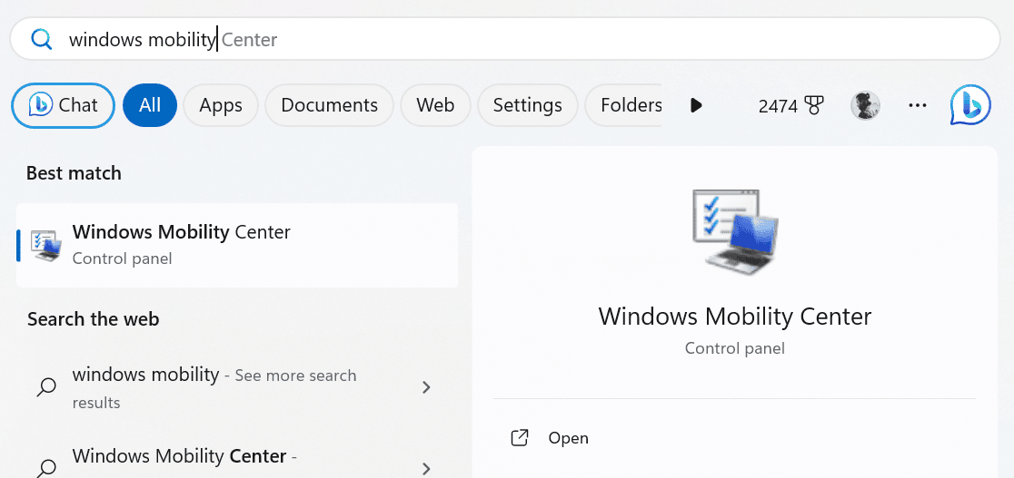 Search for Windows mobility center in start menu