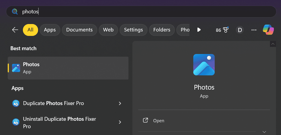 Search Photos in start menu