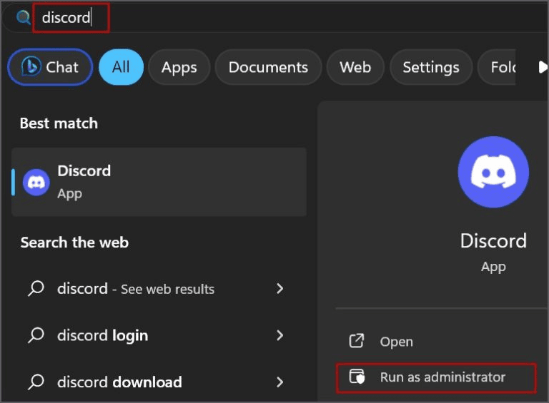 Searching Discord Start Menu