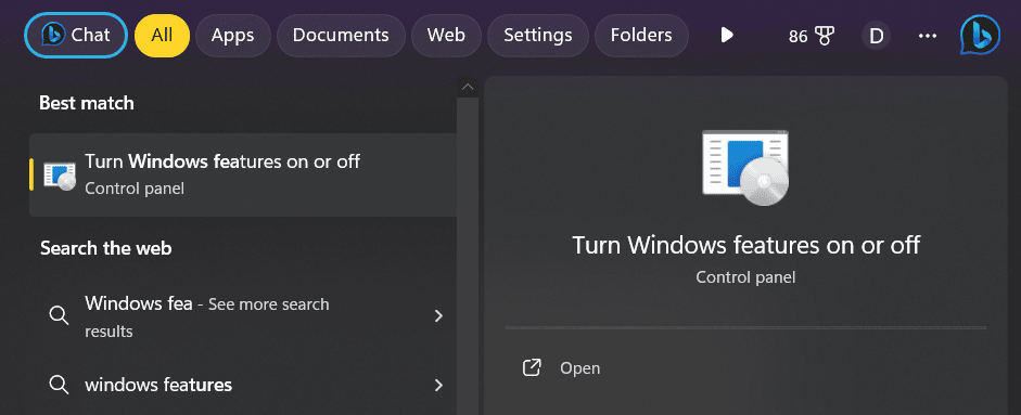 Searching for Turn Windows Features ON or OFF