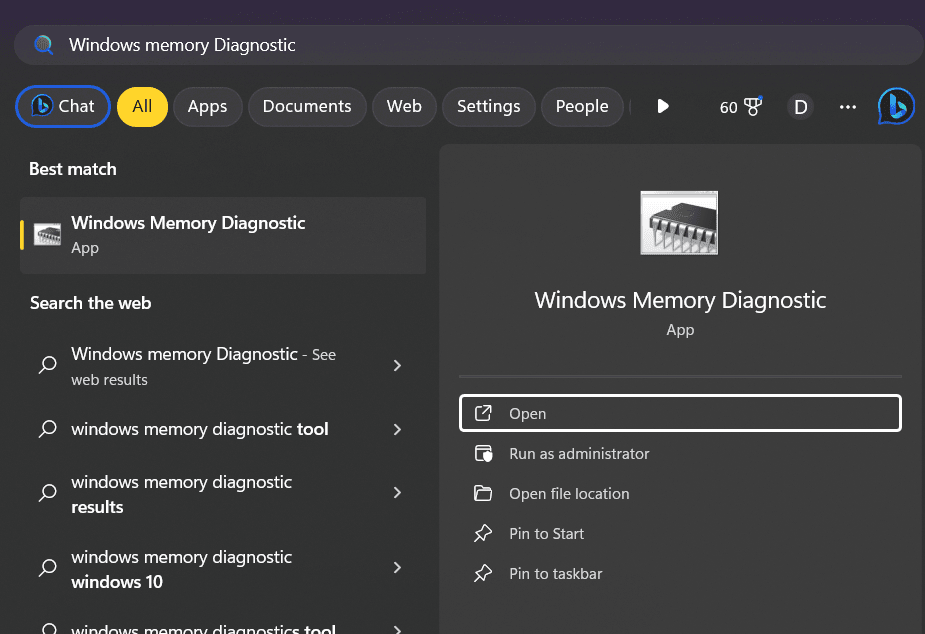 Searching for Windows Memory Diagnostic