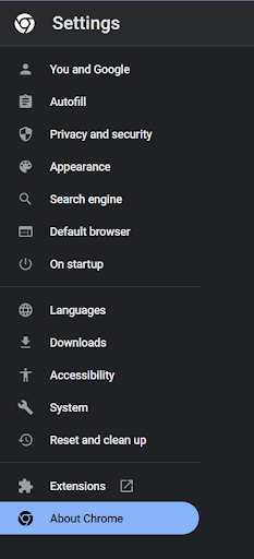 select About Chrome section
