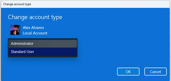Select Administrator in change account type