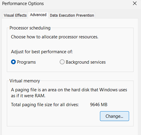 Select Advanced tab and see the option for virtual memory