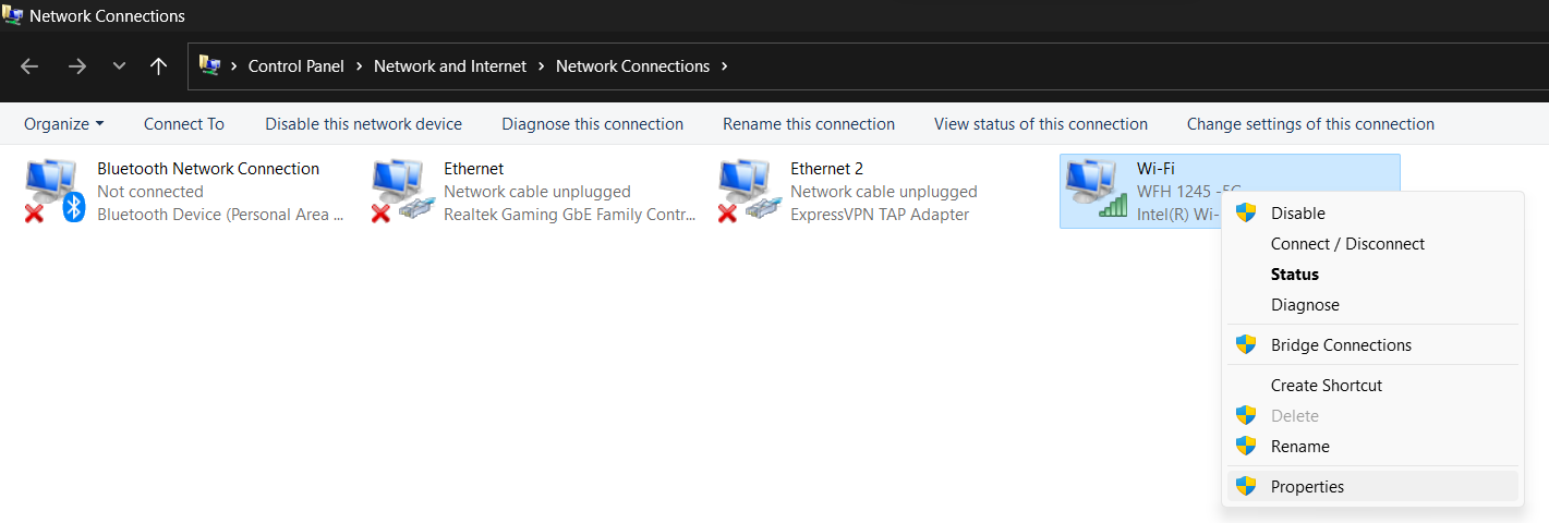 select currently active network and open properties