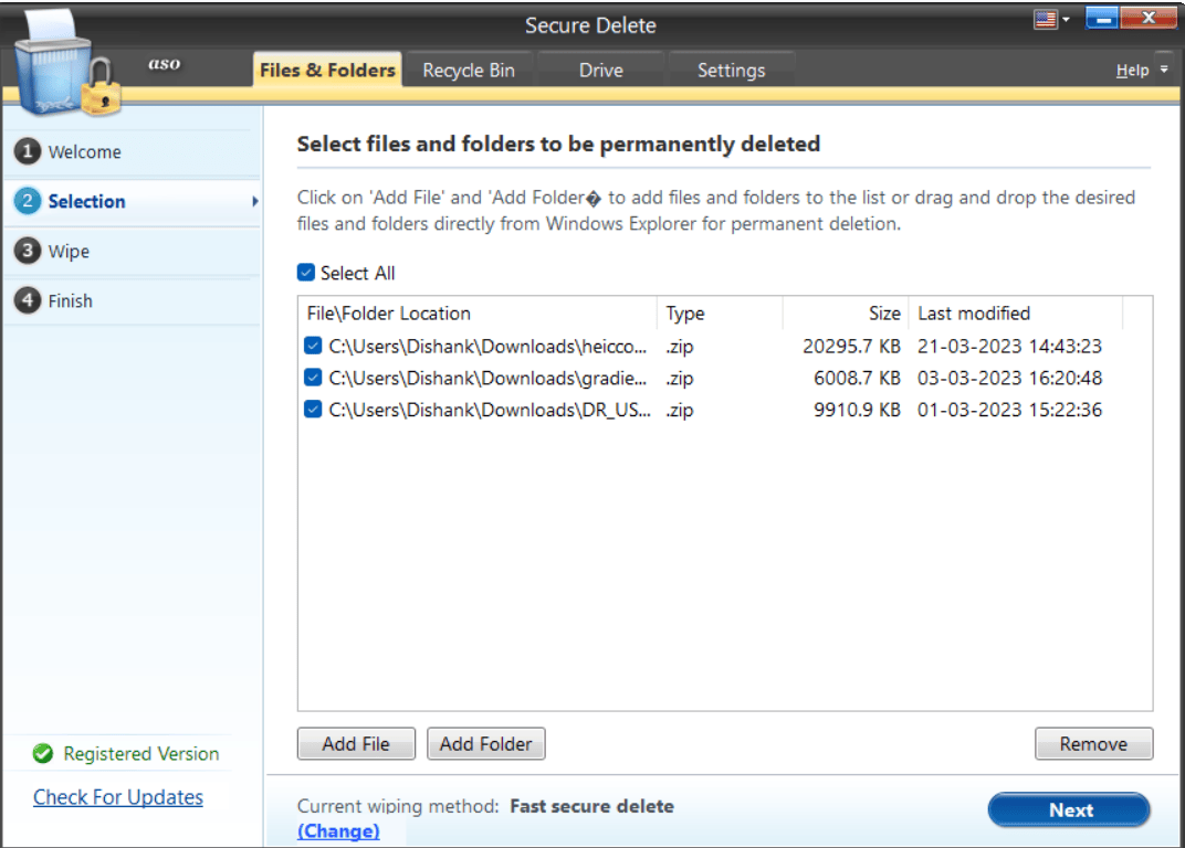 select files and folder to delete permanently
