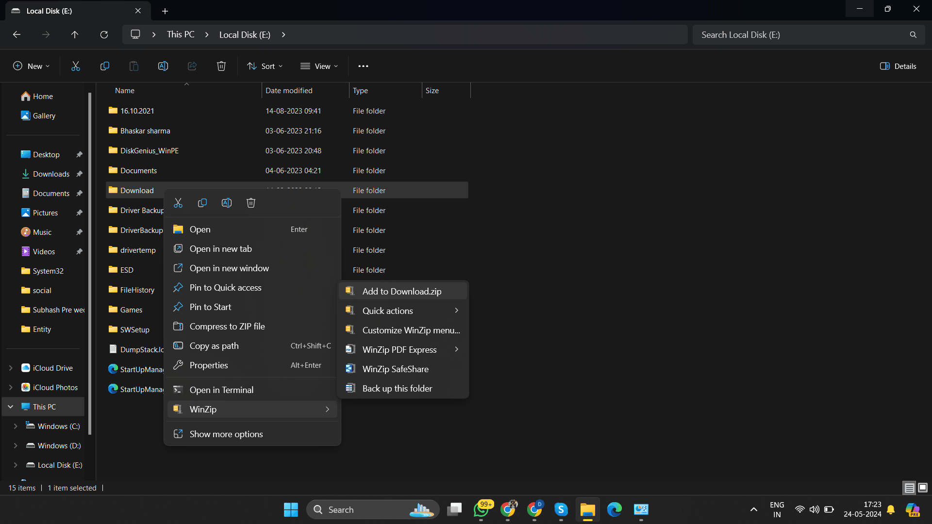 Select folder/files and find Winzip option