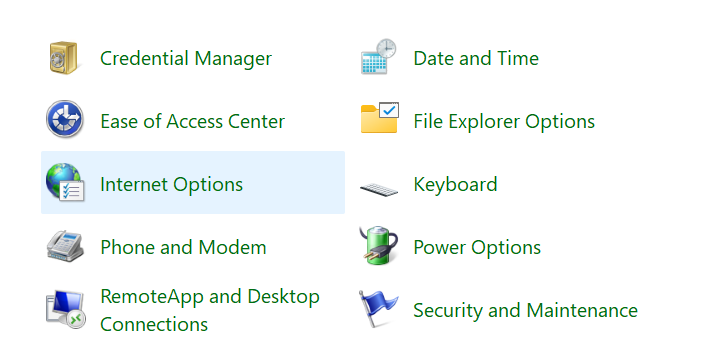 Select Internet Options - Control Panel