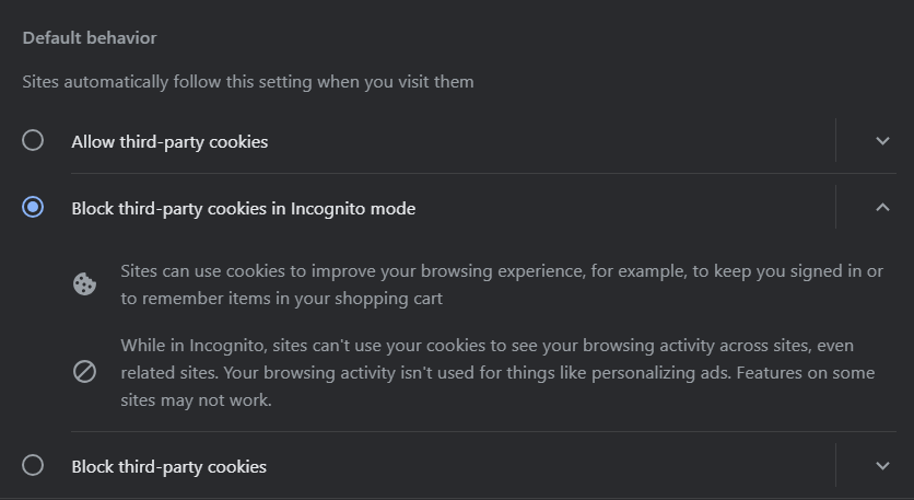 Select option Block cookies in Incognito