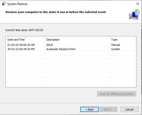 select system restore