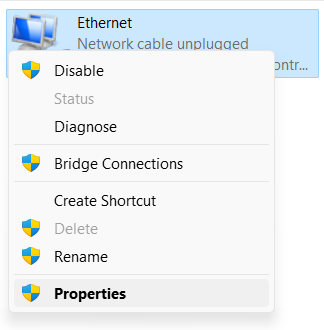 Select the Ethernet option and open its Properties