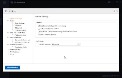 setting in t9 antivirus