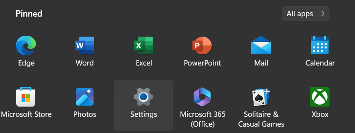 setting option in start menu