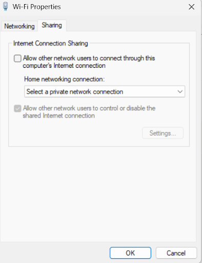 Sharing tab in opened properties