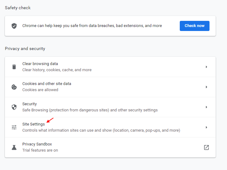 Site Settings Chrome