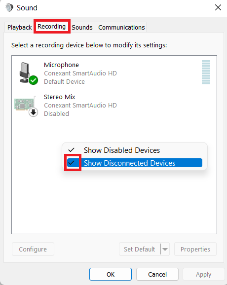 Sound Settings Recording tab