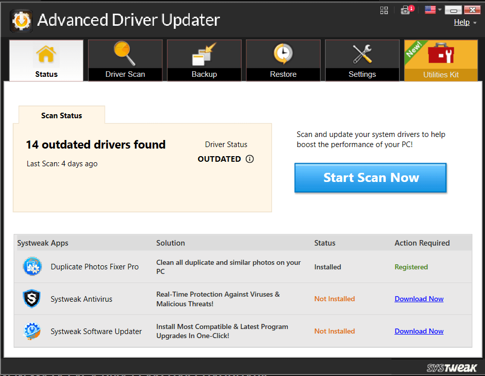 start scan using advanced driver updater