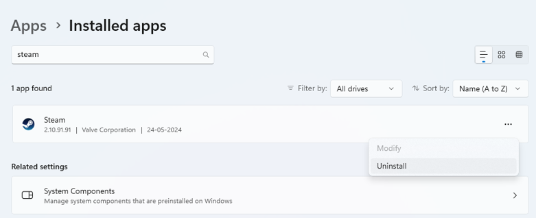 Steam app found in installed app