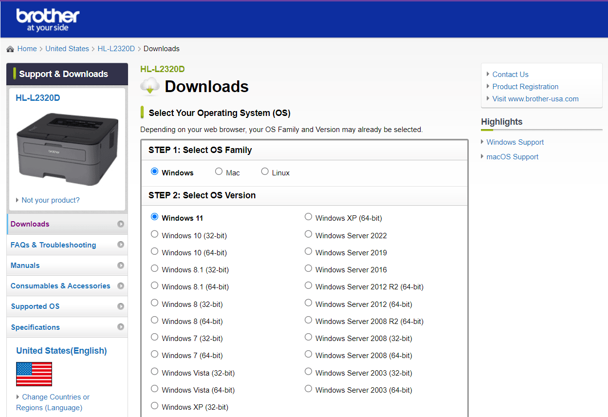 Support & Downloads page Brother HL-L2320D printer