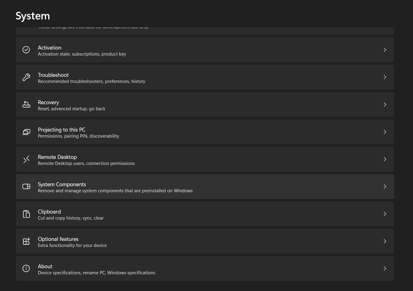 System Components in opened settings