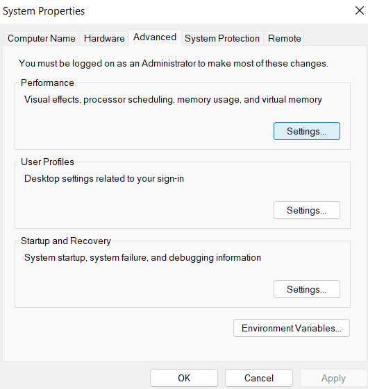 System Properties - Advanced Tab